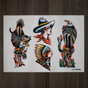 An overhead, full shot of a sheet of American traditional tattoo flash art resting on a dark wood grain surface. The white paper features four distinct, hand-painted designs arranged in two columns, rendered with bold black outlines, smooth black shading, and a vibrant color palette of red, yellow, green, and blue. On the left: A dynamic illustration of a bald eagle locked in combat with a green and black snake. The eagle, shown with wings spread and detailed brown and yellow feathers, grips the writhing snake with its yellow talons as it perches on a jagged brown tree stump. A fiery red gradient glows behind the scene. In the center top: A profile portrait of a woman looking right, styled as a cowgirl. She wears a wide-brimmed blue and black cowboy hat with a yellow band and a red bandana tied around her neck. In the center bottom: A profile portrait of a Native American woman looking right, wearing an elaborate, colorful headdress with yellow, red, and black feathers, a beaded headband, and geometric patterns on her clothing. On the right: A majestic bald eagle perched upright on a weathered tree stump, looking to the left. A green and black snake curls up from the grassy base of the stump, its jaw open near the eagle's wing. A warm red gradient rings the background behind the eagle. The bottom right corner of the page features the artist's signature, "M. MAZAK", in stylized black lettering. The lighting is bright and even, capturing the texture of the paper and the rich saturation of the ink and spit-shading.